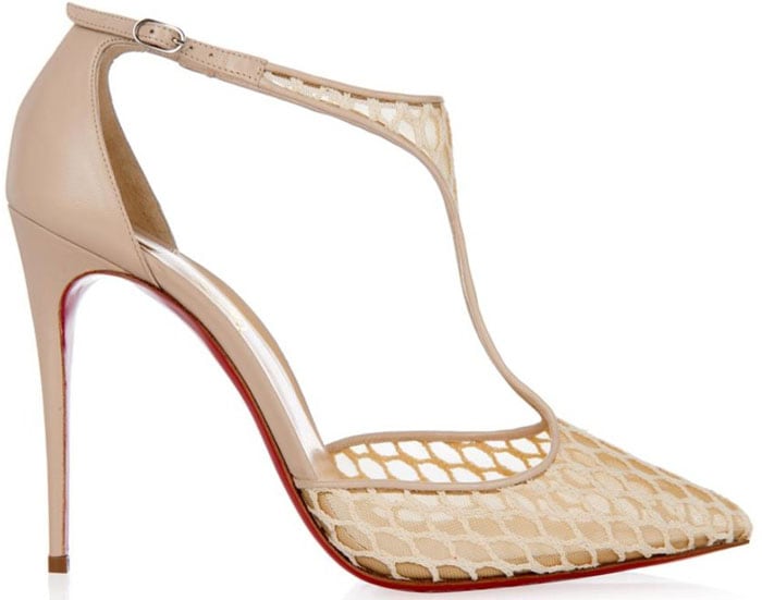 Side view of the Christian Louboutin Salonu Chantilly Lace T-strap pump with signature red sole
