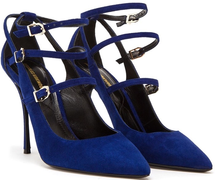Nicholas Kirkwood cobalt blue suede “Hutton” pumps featuring a sharp pointy toe, elegant multi-strap detailing, and a slender stiletto heel for a bold yet refined statement finish