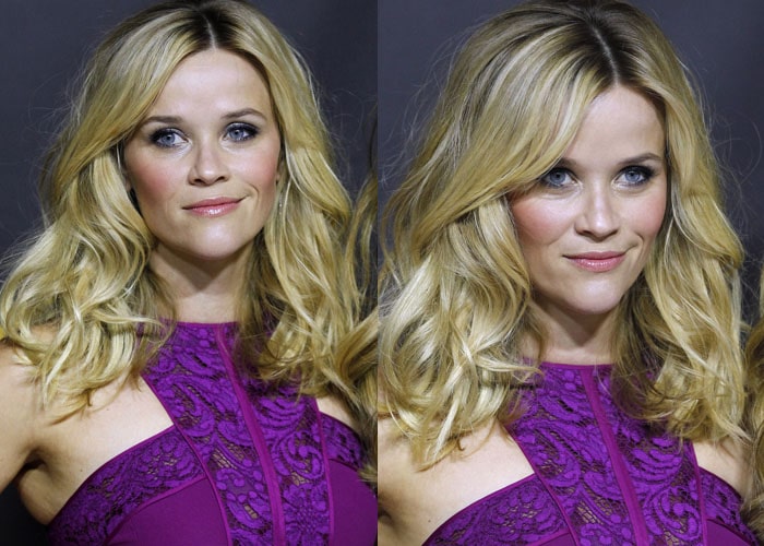 Close-up of Reese Witherspoon smiling at CinemaCon 2015, wearing a lace-accented J. Mendel dress