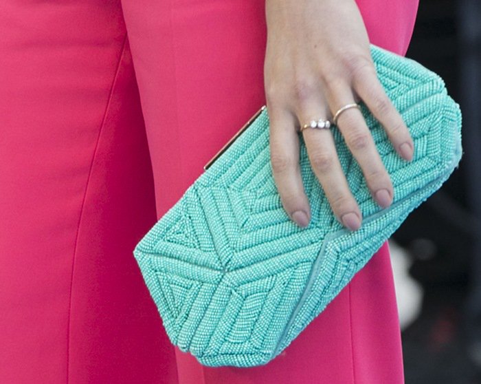 Scarlett Johansson toting a mint-green Roger Vivier bag
