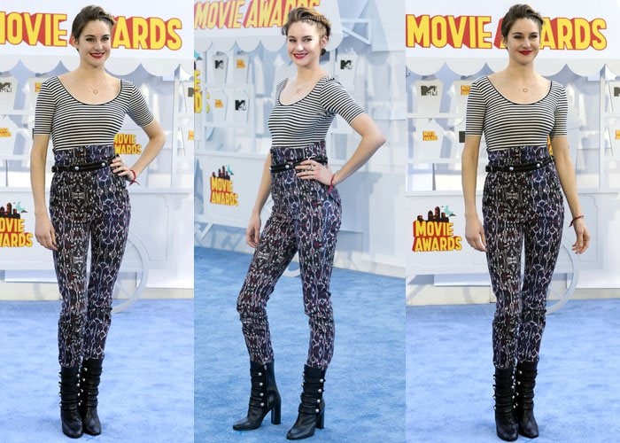 Shailene Woodley turned heads in high-waisted printed Isabel Marant pants and matching black buckled boots