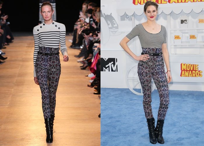 Shailene Woodley puts her own spin on the Isabel Marant Autumn/Winter 2015 runway look, swapping the nautical-inspired top for a scoop-back striped version