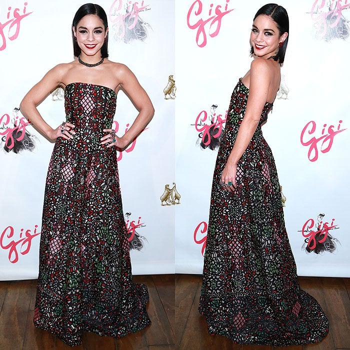 Vanessa Hudgens's Alice + Olivia by Stacey Bendet strapless gown steals the spotlight, with its intricate pattern resembling a dramatic stained-glass window