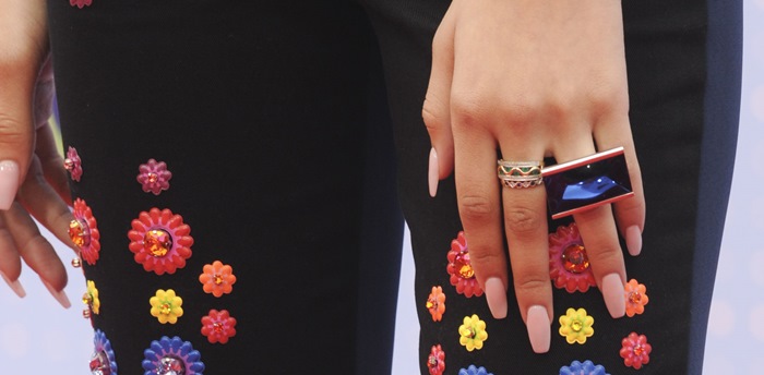 Zendaya showcases her stylish rings and embellished pants from the Peter Pilotto Spring 2015 collection