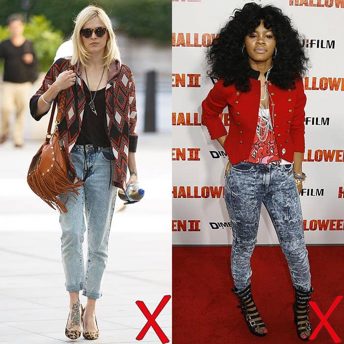 Fearne Cotton and Teyana Taylor clash bold acid-wash denim with overly busy prints and accessories, creating looks that feel more chaotic than cohesive