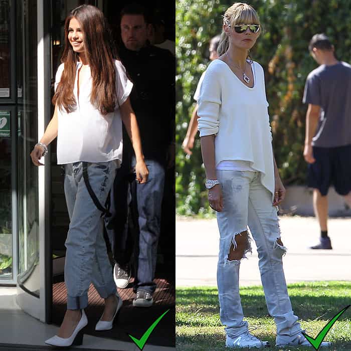 Selena Gomez and Heidi Klum reinvent the acid wash trend by pairing it with the relaxed cut of boyfriend jeans, creating a modern, casual look