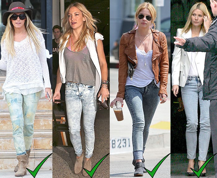 Ashley Tisdale, Kate Hudson, Ashley Benson, and Gwyneth Paltrow each incorporate acid wash jeans into their diverse personal styles with great success