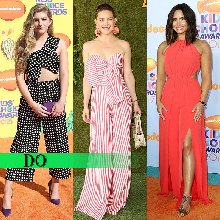 Willow Shields steps out in a bold polka-dot jumpsuit paired with pointed-toe pumps, while Kate Hudson opts for a knotted candy-striped one-piece with wide-leg pants, and Demi Lovato brings drama in a flowing halter jumpsuit with thigh-high slits that showcase her embellished heels