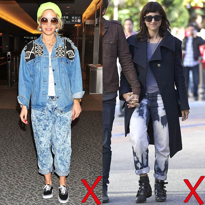 Rita Ora and Stephanie Jory overwhelm their looks with oversized acid-wash denim and heavy layers, proving that less really is more when styling bold jeans