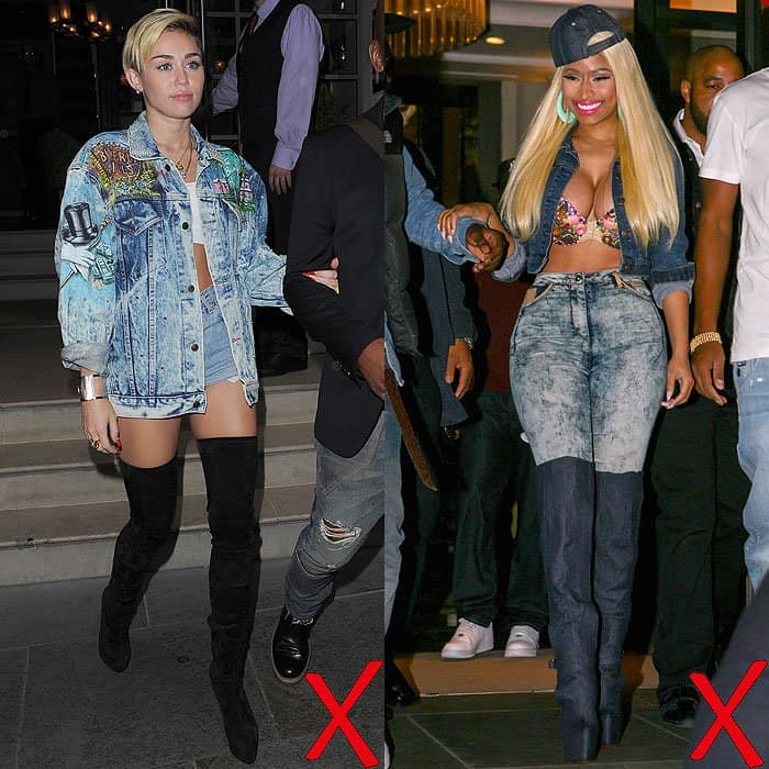 Miley Cyrus and Nicki Minaj take the double denim trend too far, overwhelming their looks with acid-wash overload and mismatched proportions