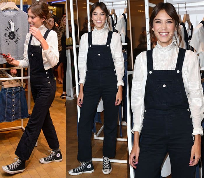 Alexa Chung attended the AG Jeans launch at Selfridges on January 15, 2015, wearing AG Jeans x Alexa Chung Tennessee denim dungarees paired with black Converse Chuck Taylor All Star high tops