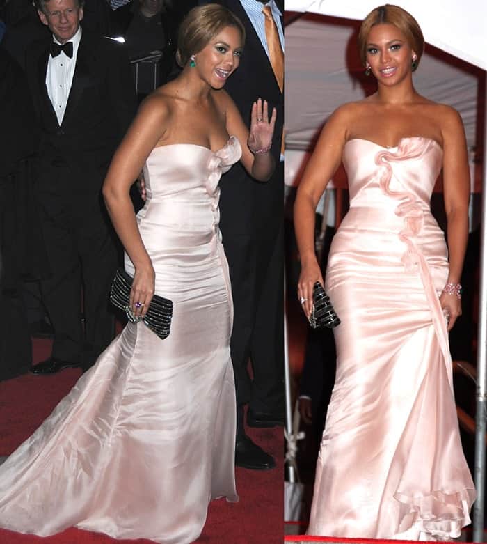Beyoncé looked stunning in a strapless baby-pink Armani Privè gown, paired with a black clutch and minimal jewelry, at the 2008 Met Gala