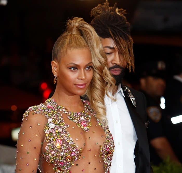 Beyoncé dazzles with a high ponytail and intricate gemstone detailing at the 2015 Met Gala