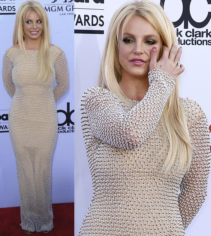 Britney Spears embraced the sheer, body-conscious glamour that dominated mid-2010s red carpets in a crystal-beaded nude gown by Yousef Al-Jasmi, pairing the figure-hugging silhouette with sleek blonde hair and metallic evening sandals at the 2015 Billboard Music Awards in Las Vegas