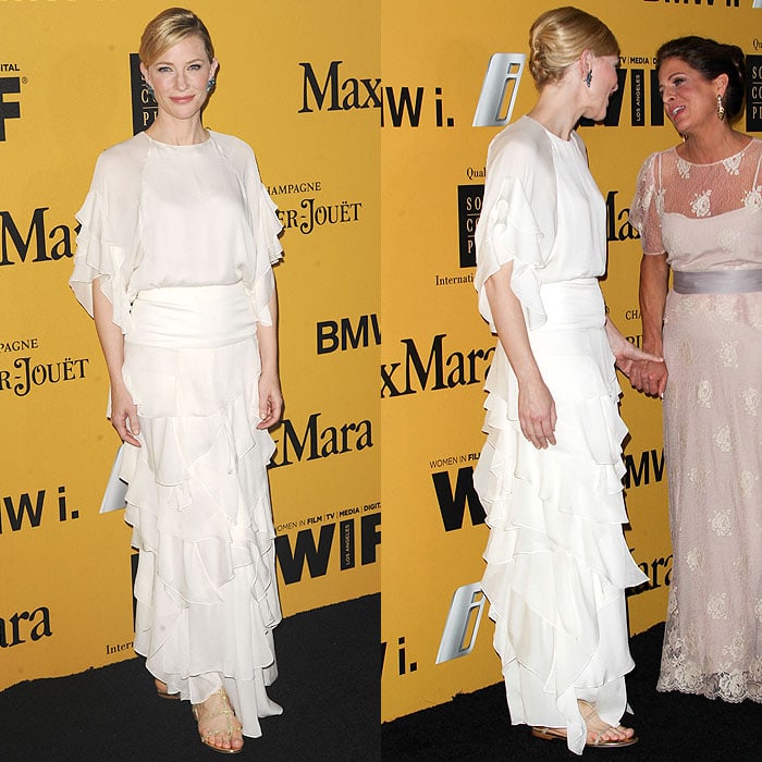 Cate Blanchett brought modern grace to the Crystal + Lucy Awards, pairing her airy white gown with minimalist flat sandals that emphasized elegance over elevation