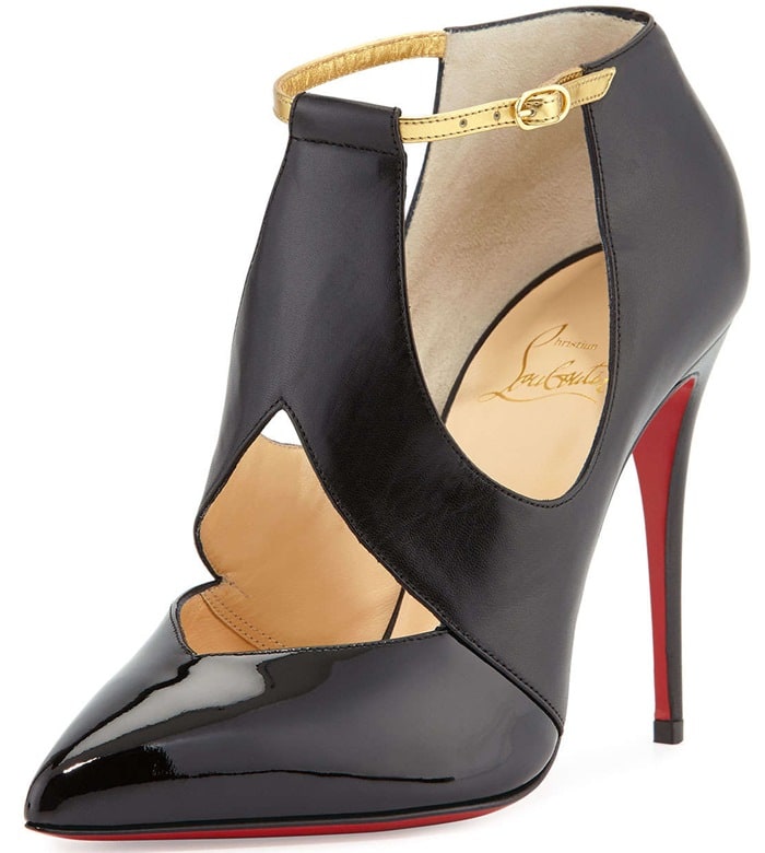 Christian Louboutin “Dictata” cutout leather pumps in black, featuring a sculptural V-shaped vamp, gold ankle strap, and signature red sole, set on a sleek 100mm heel