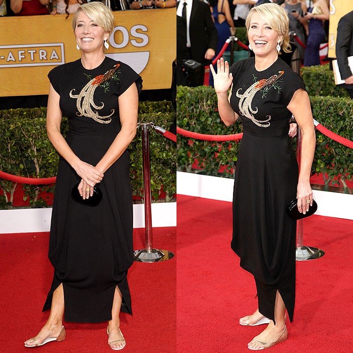 Emma Thompson embraced red-carpet rebellion at the SAG Awards, completing her black gown with gold glitter flats that prioritized confidence and comfort over heels