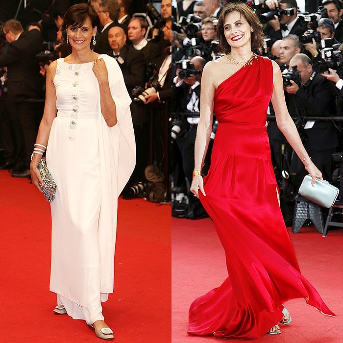 Inès de La Fressange reinforced her Cannes flats manifesto, pairing sweeping white and red evening gowns with elegant flat sandals that let confidence—not heel height—lead the look