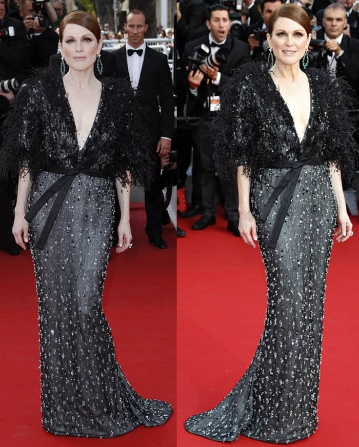 The actress dazzled in a sequined Armani Privé gown with a plunging neckline, cinched waist, and dramatic feathered shoulders, commanding attention from every angle