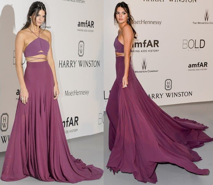 Kendall Jenner in a voluminous, high-waist skirt and bandeau tie-top at amfAR’s Cinema Against AIDS Gala