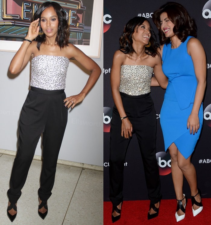 Kerry Washington and Priyanka Chopra share a playful red carpet moment, showcasing two distinct styling approaches—Kerry’s textured monochrome versus Priyanka’s bold, streamlined blue ensemble