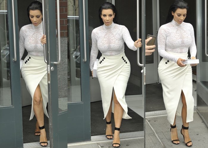 Kim Kardashian leaves the Barnes Noble book signing in her Dior ensemble and Céline heels on May 5, 2015
