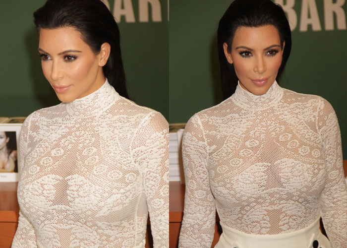 A close-up of Kim Kardashian’s polished beauty look, pairing slicked-back hair with a white lace Dior turtleneck