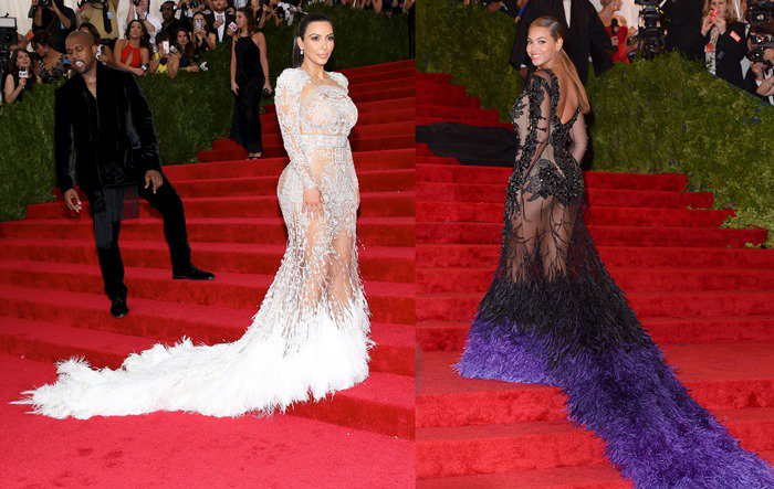 Kim Kardashian (left) and Beyoncé (right) both dazzle at the Met Gala with strikingly similar gowns featuring intricate embroidery and feathered trains, igniting a fashion comparison debate