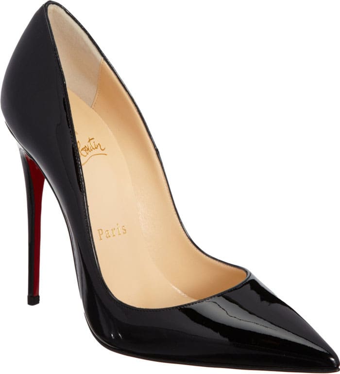 Christian Louboutin’s iconic “So Kate” pump in black patent leather with the brand’s signature red sole — a timeless stiletto celebrated for its sleek silhouette and leg-lengthening appeal