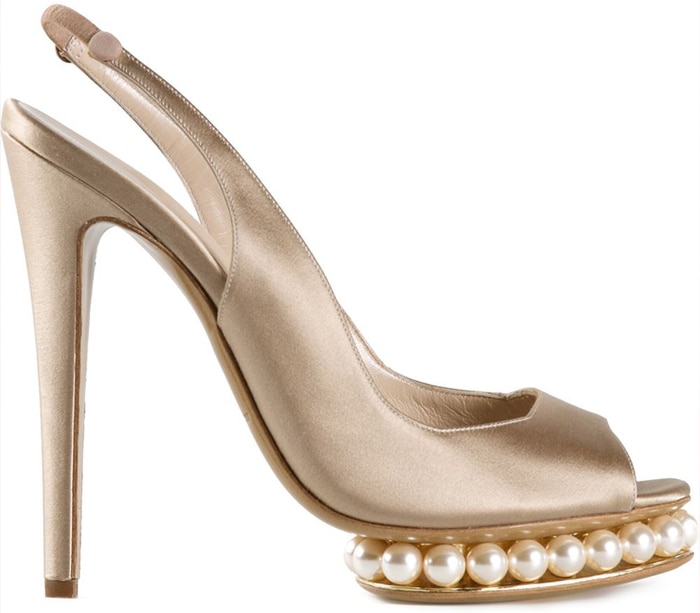Close-up of Nicholas Kirkwood Casati Slingback Pumps with pearl-embellished heel