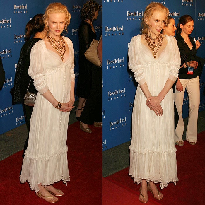 Nicole Kidman leaned into ethereal minimalism at the Bewitched premiere, pairing her flowing Yves Saint Laurent dress with simple flat thong sandals for understated red-carpet ease