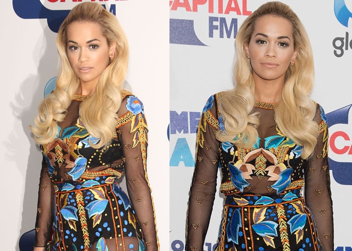 Rita Ora poses in a striking Temperley London Fall 2015 gown, featuring bold multicolored embroidery and sheer detailing that showcased the brand’s modern bohemian aesthetic