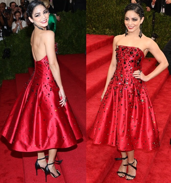 Vanessa Hudgens's tea-length dress embellished in clusters of black beading