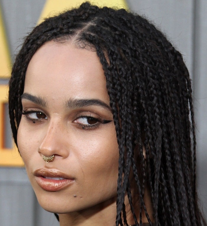 Zoë Kravitz exudes edgy elegance with her braided hairstyle and a striking tribal-style septum nose ring at the Mad Max: Fury Road premiere