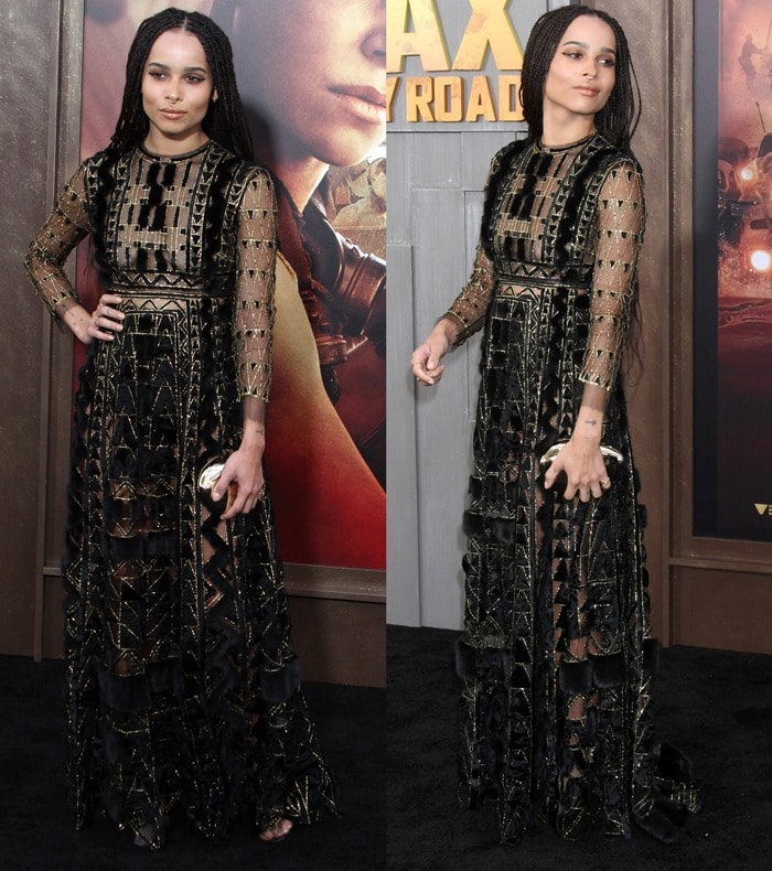 Zoë Kravitz showcases the gown’s dramatic movement and metallic accents, completing the look with a minimalist gold clutch and barely-there sandals
