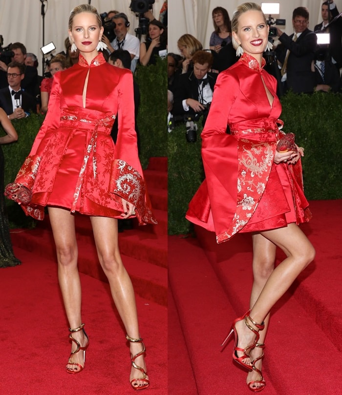 Karolina Kurkova flaunts her gorgeous legs in a red kimono-style mini dress designed by Tommy Hilfiger
