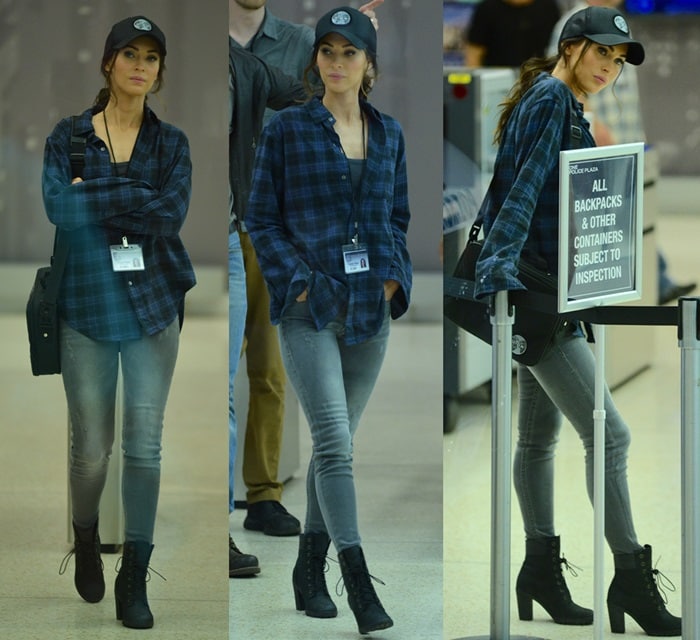 Megan Fox nails off-duty utility style on the TMNT set, pairing a blue plaid flannel with skinny gray jeans and heeled Timberland lace-up boots
