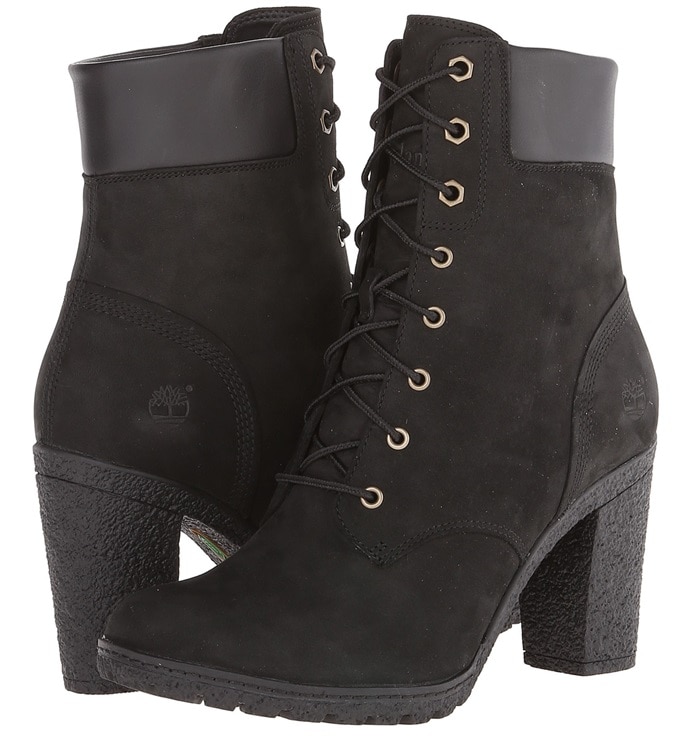Timberland Earthkeepers “Glancy” boots in black showcase a sleek lace-up front, cushioned collar, and sturdy block heel that elevates classic workwear styling