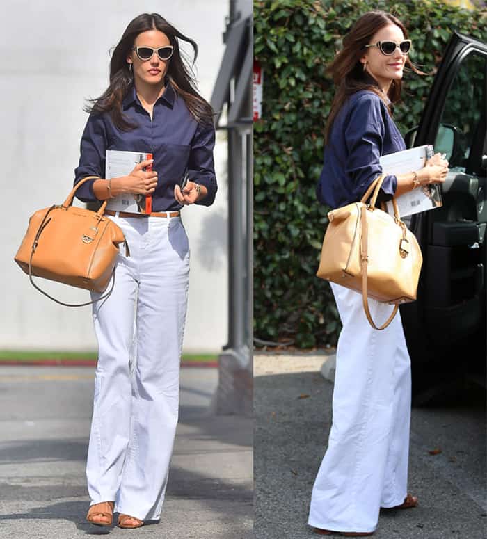 Alessandra Ambrosio in white flare pants and dark blue shirt