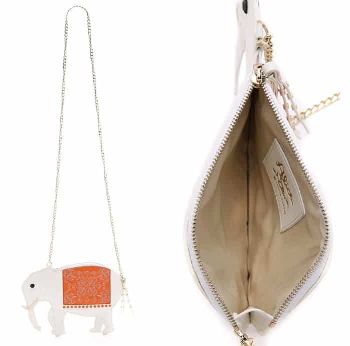 Alice + Olivia Elephant Pouch ($198) – This whimsical crossbody bag features a charming elephant silhouette with gold chain strap, embroidered orange saddle detailing, and a spacious zippered interior perfect for small essentials