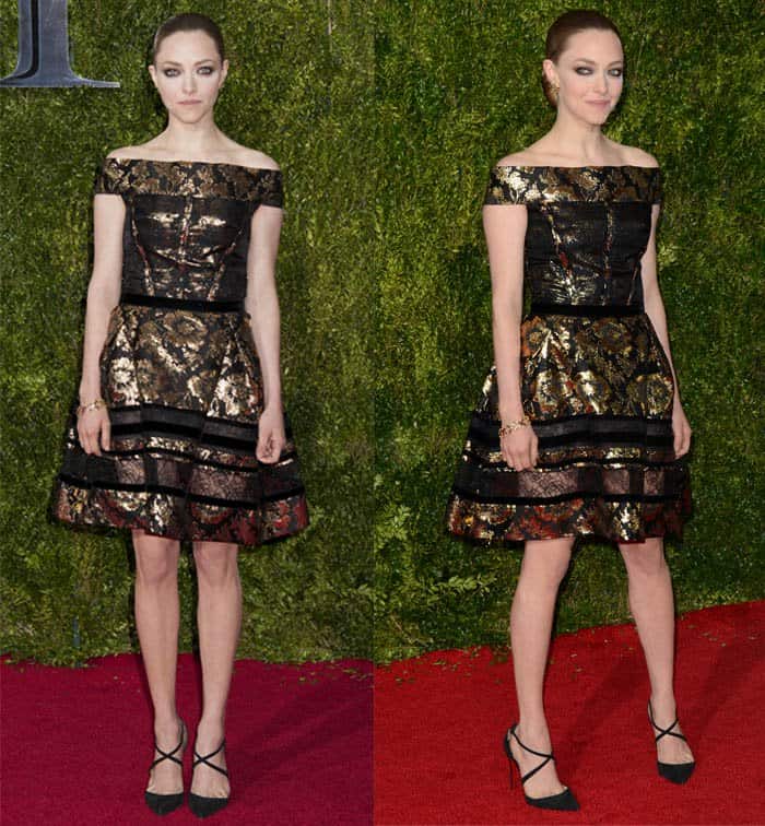 At the 2015 Tony Awards in New York City, Amanda Seyfried sported a Fall 2015 Oscar de la Renta floral jacquard mini dress with off-the-shoulder style and peek-a-boo lace panels that added touches of femininity, complemented by Tiffany  Co. jewelry, Christian Louboutin ‘Maltaise’ pumps, and sultry smoky eye makeup