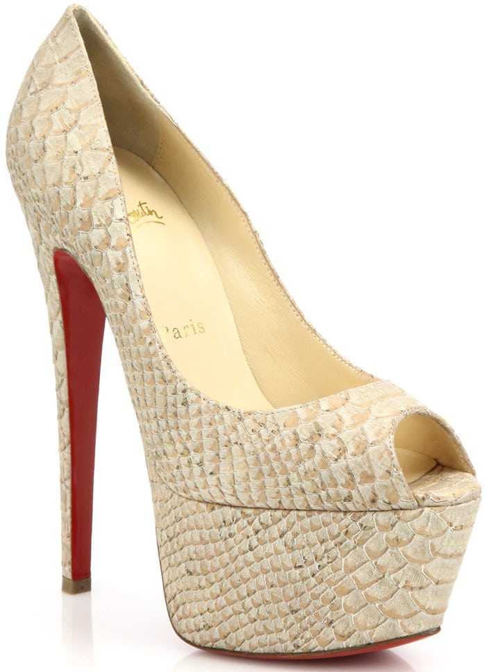 Christian Louboutin Beige Jamie Snake-Embossed Leather Peep-Toe Pumps