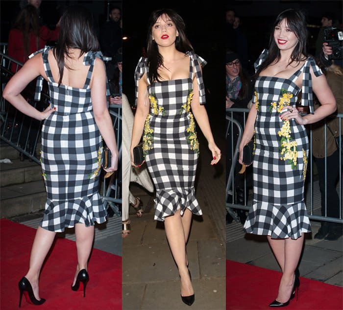 Daisy Lowe oozed sexiness in a form-fitting floral and gingham Dolce Gabbana dress