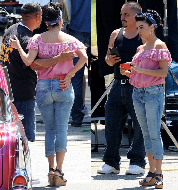 Eva Longoria embraces a retro-chic vibe in cuffed skinny jeans and cork wedge sandals while filming Lowriders in Los Angeles