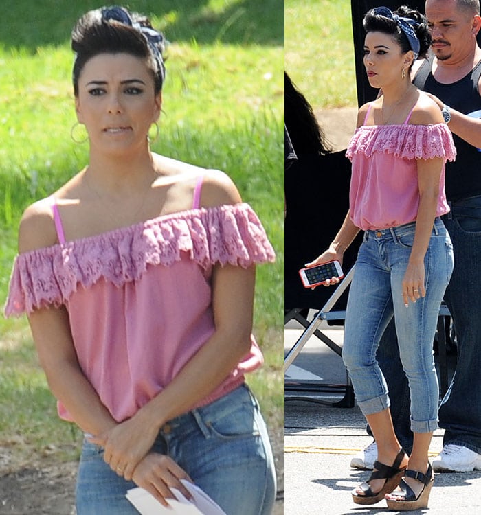 Eva Longoria pairs hoop earrings and a retro headscarf with cuffed jeans and cork wedge sandals while filming Lowriders