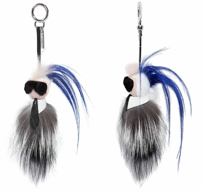 Fendi “Karlito” bag charm crafted from mink, fox, and lamb fur, designed to resemble Karl Lagerfeld with signature sunglasses, a high-collared shirt, and a sleek leather tie