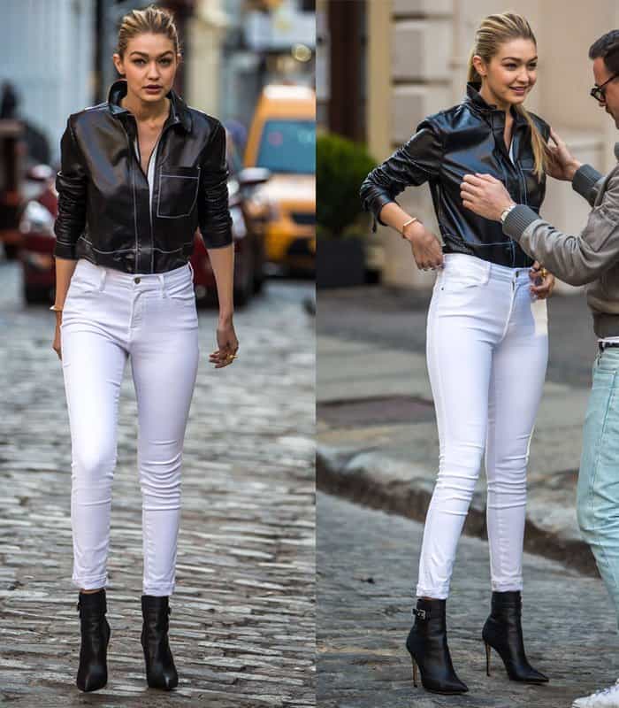 Gigi Hadid in white jeans and black leather jacket