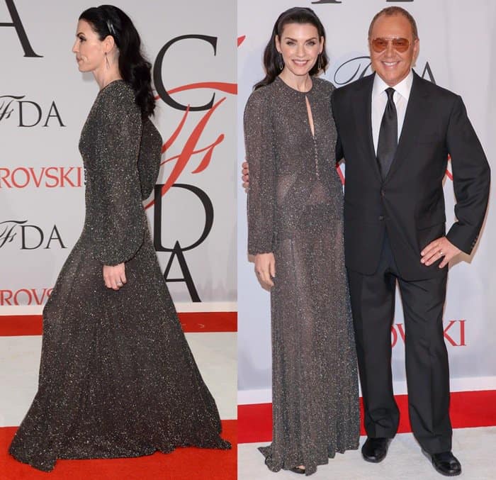 The Good Wife actress walks the CFDA red carpet in a floor-length metallic Michael Kors gown with subtle keyhole detailing, paired with sleek heels that complement the gown’s fluid silhouette