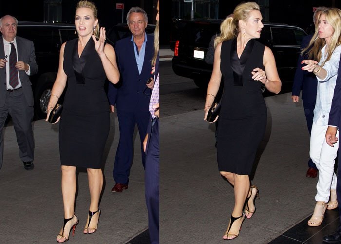 Kate greets fans outside the Museum of Modern Art, accessorizing with a black clutch and gold jewelry