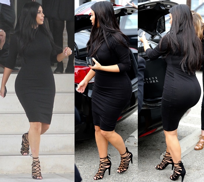 Kim Kardashian shows off her curves in a figure-hugging black American Apparel dress, styled effortlessly with strappy black Hermès heels and a sleek mini clutch during a day out in Beverly Hills